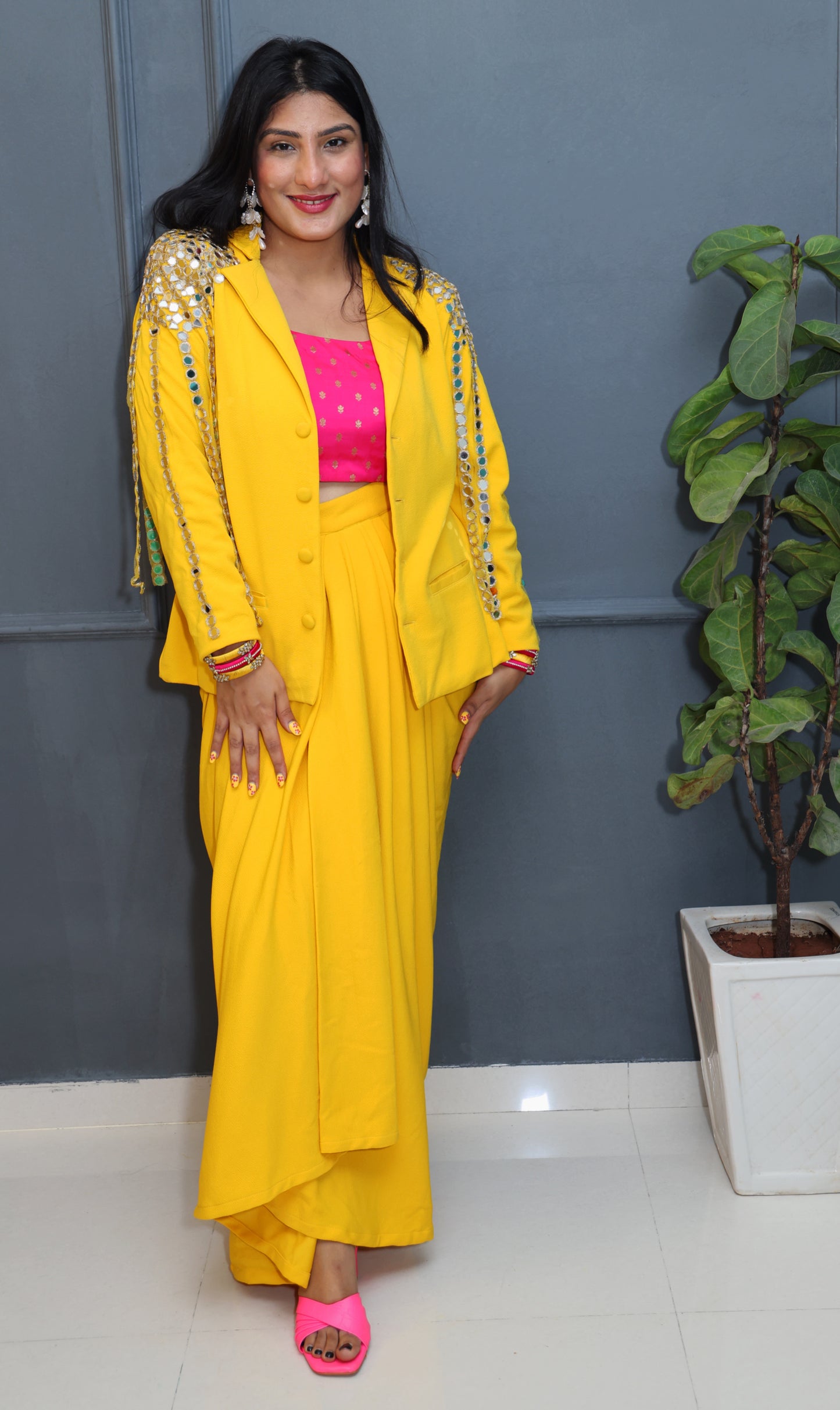 Yellow Co-ord Set with Mirror Work With Dhoti Drape SKIRT (2 Piece)