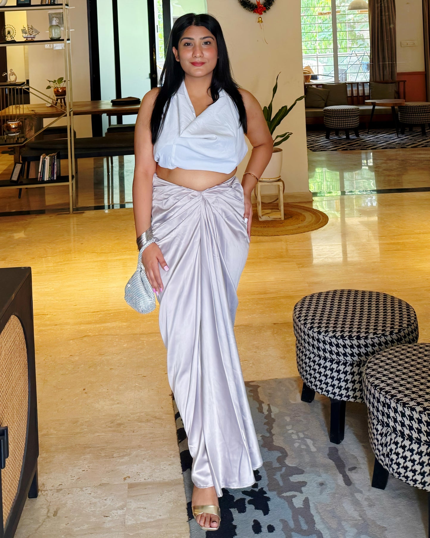 Mist Grey Draped V-Shaped Dhoti Skirt – Effortless Elegance & Modern Chic