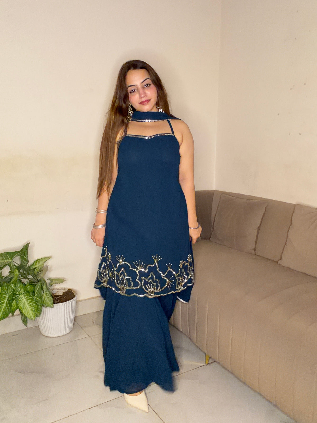 Navy Blue Embroidered Sharara Set