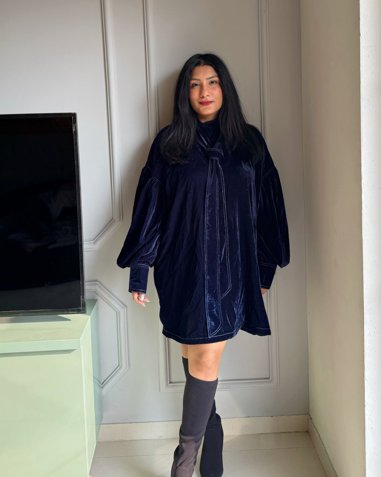 Velvet Tie-Neck Winter Dress for Women