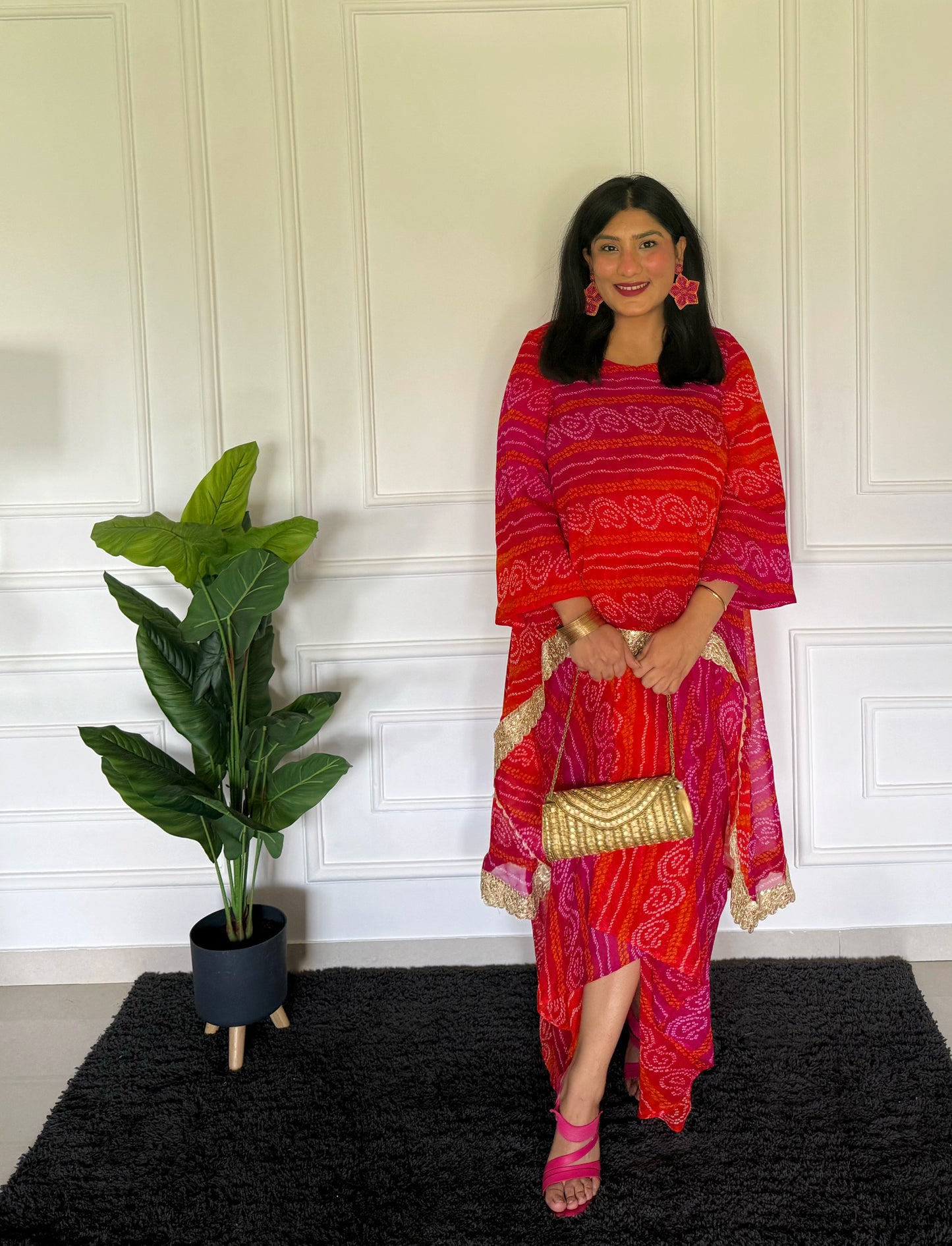 Bandhani Kaftan Set With Dhoti Drape Skirt – The Festive Bloom