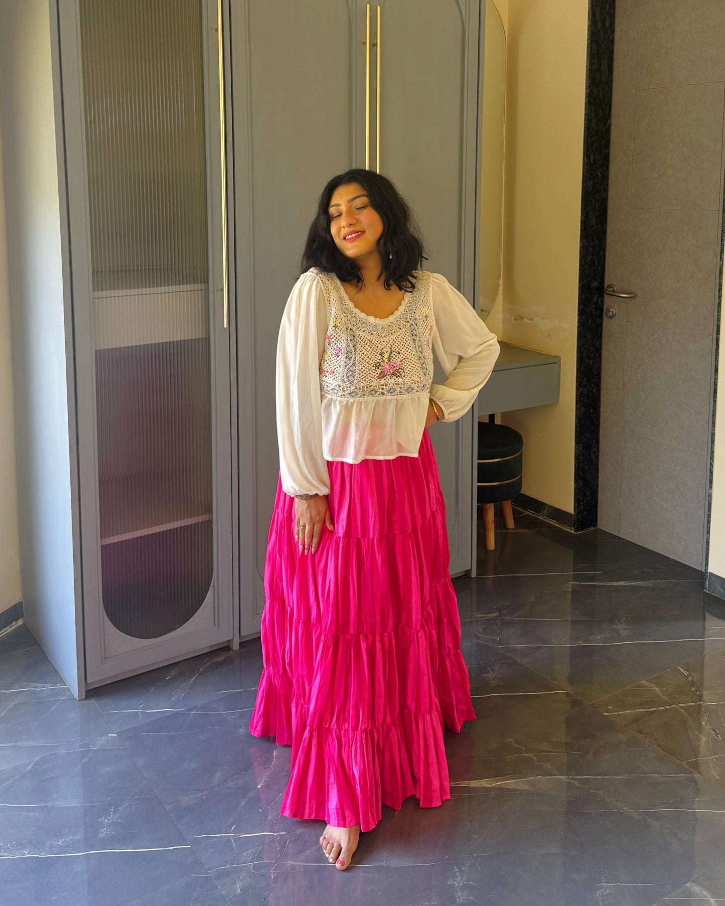 Hot Pink Tiered Flowy Skirt – Statement Cotton Maxi Skirt for Women