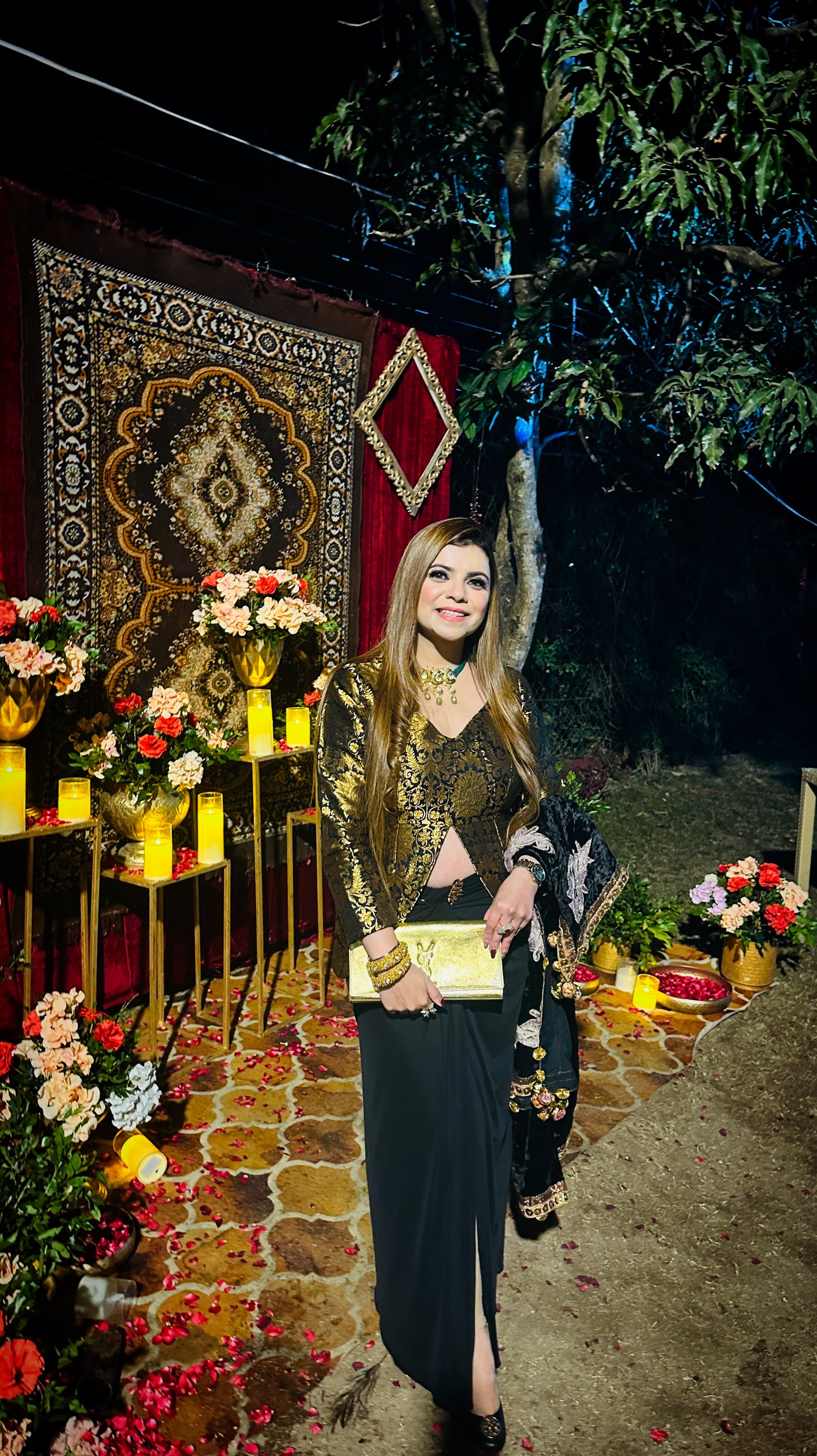 Black & Gold Brocade Co-Ord Set with Drape Skirt