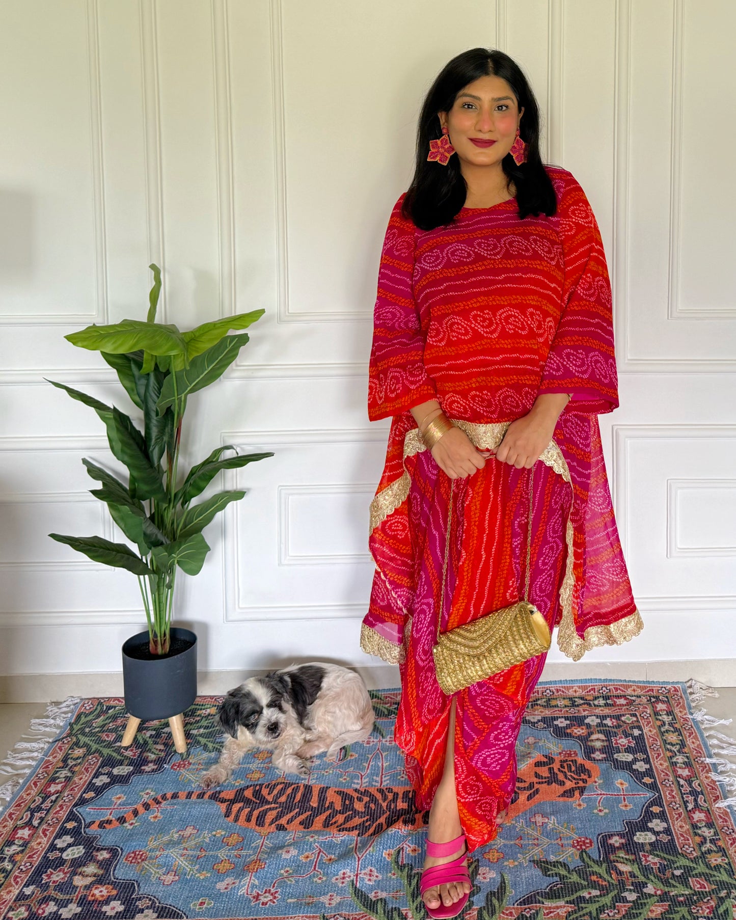 Bandhani Kaftan Set With Dhoti Drape Skirt – The Festive Bloom