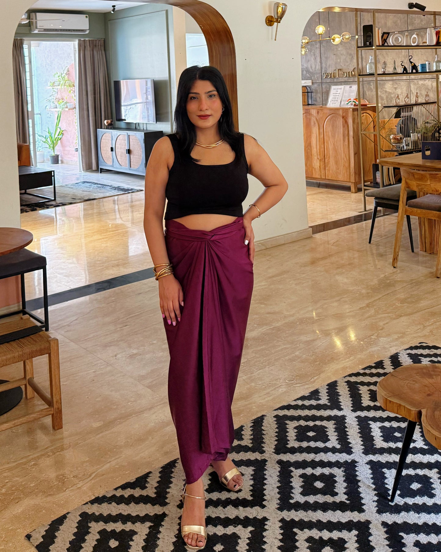 Rich Wine Wrap Dhoti Skirt – Elegant Draped Satin Skirt for Women