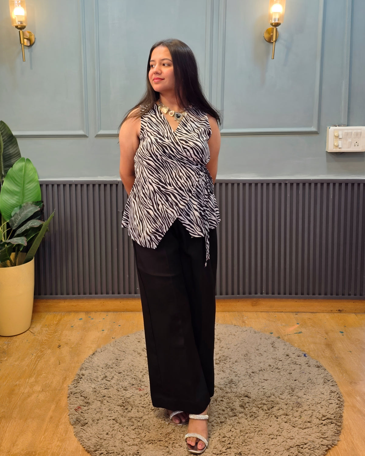 Zebra Print Wrap Top for Women | Sleeveless Asymmetric Black & White Top