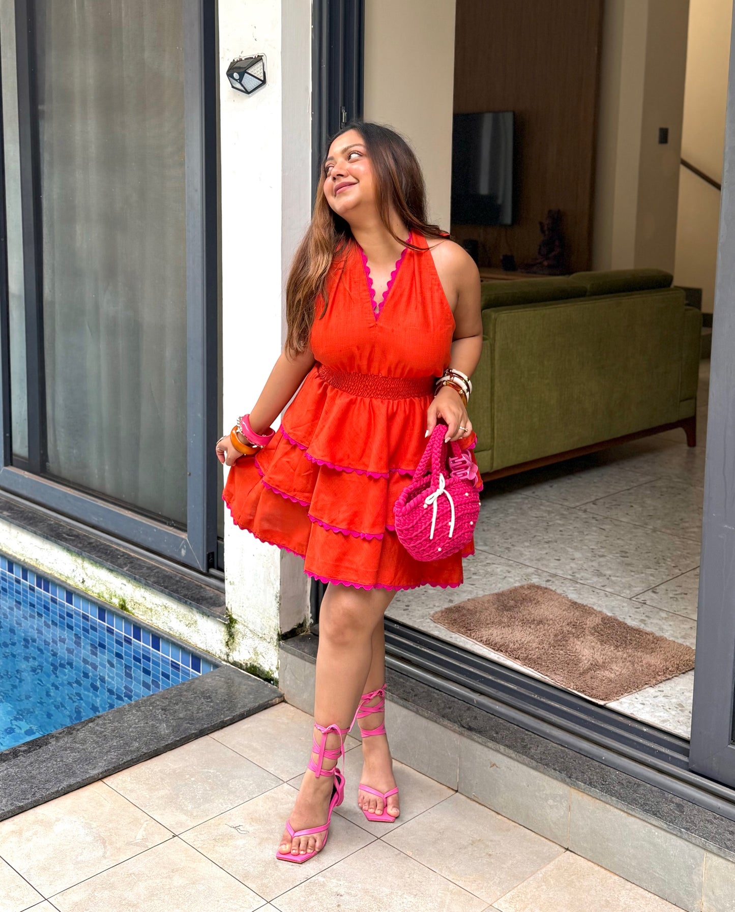 Fiery Coral Halter Mini Dress