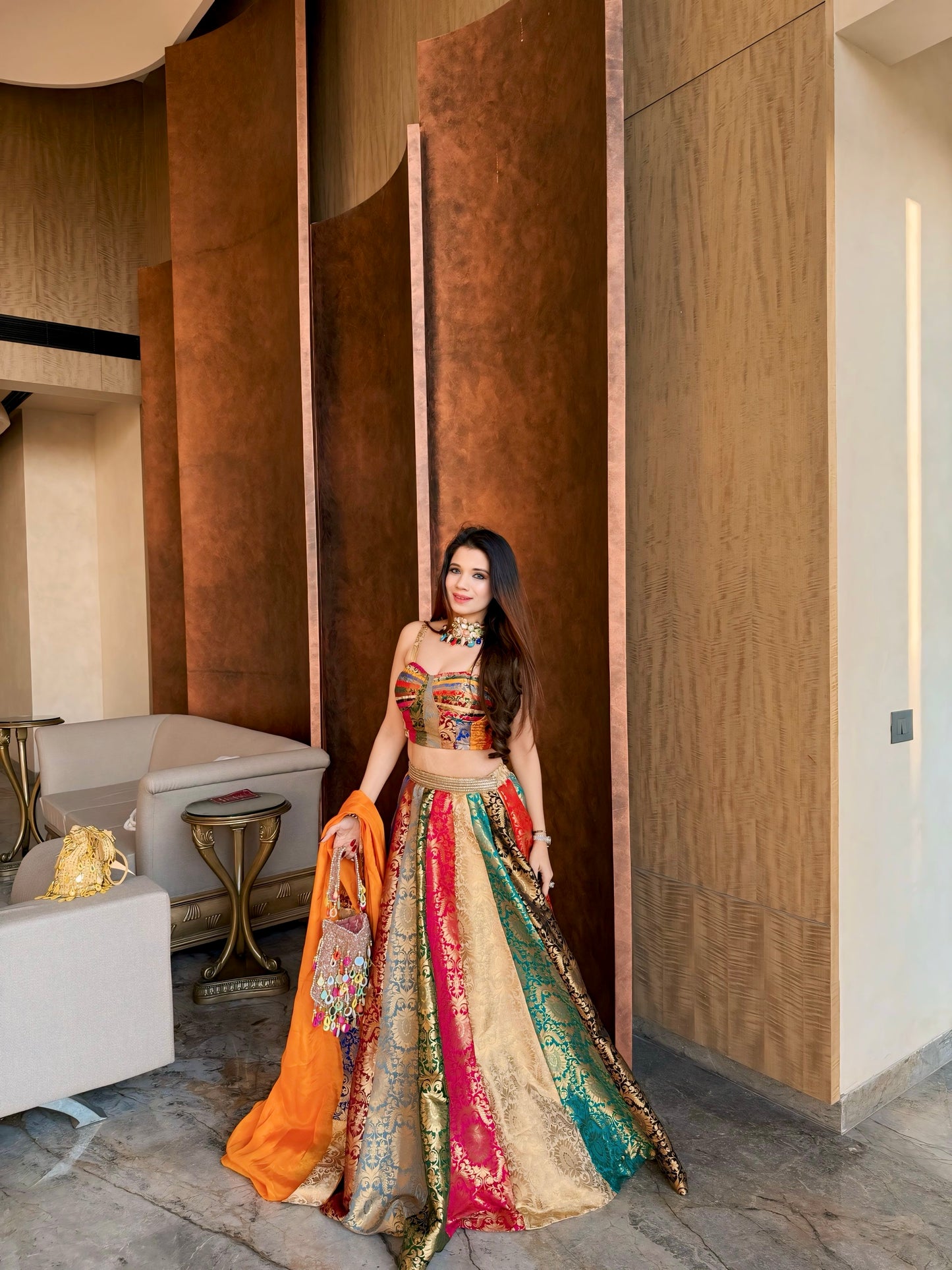 Multicolour Patchwork Brocade Lehenga Set with Corset Blouse & Orange Dupatta