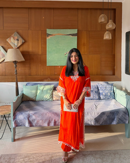 Orange Embroidered Kaftan Kurta Set