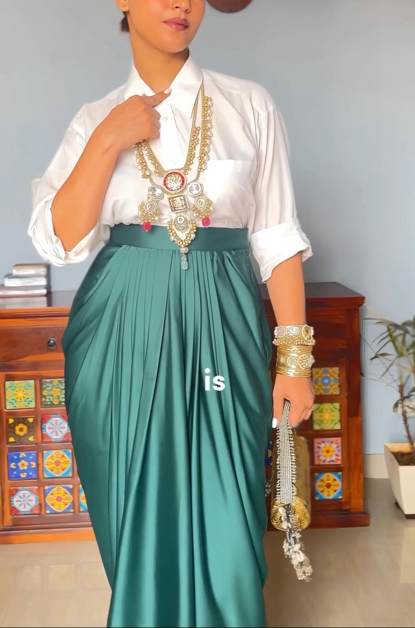 Royal Green Drape Dhoti Skirt