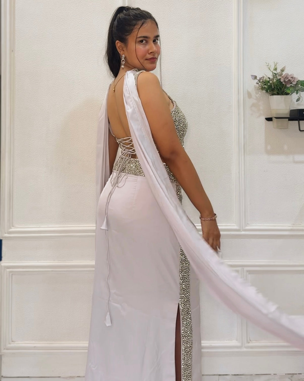 Silver Embellished Draped Skirt Set | Wedding & Party Wear