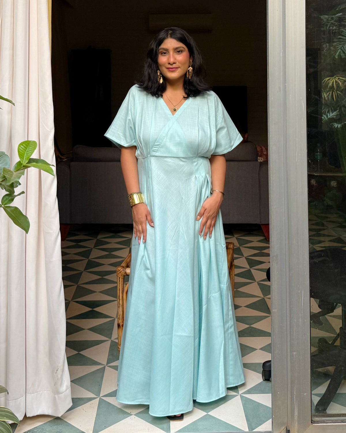 Blue Cotton Maxi Dress for Women | Flowy V-Neck Dress with Short Sleeves