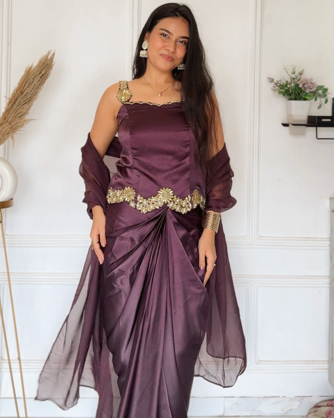 Plum Embroidered Top with Draped Skirt & Organza Dupatta Set