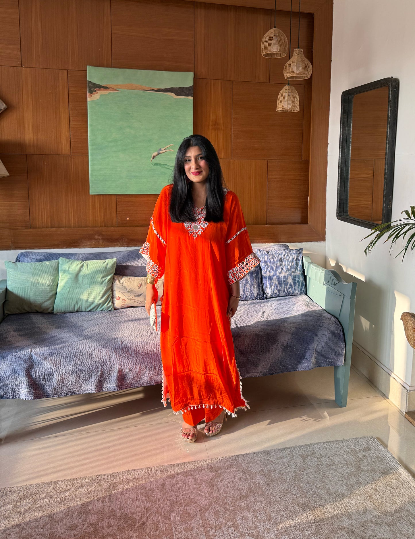 Orange Embroidered Kaftan Kurta Set