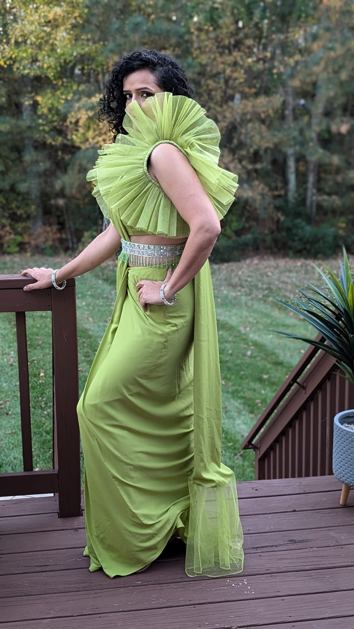 Lime Green Pre-Draped Saree