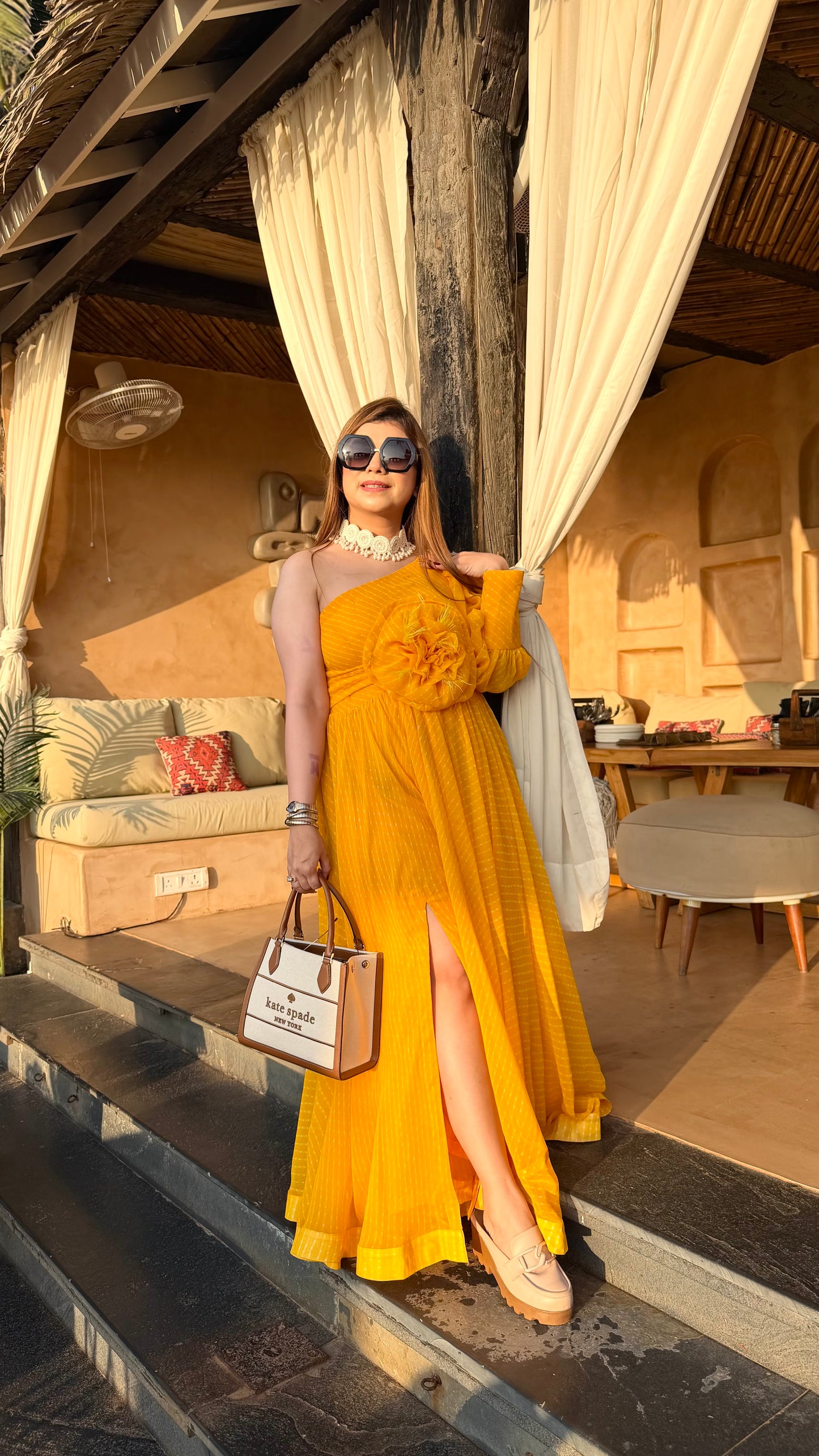 Sun-Kissed Leheriya One-Shoulder Maxi Dress
