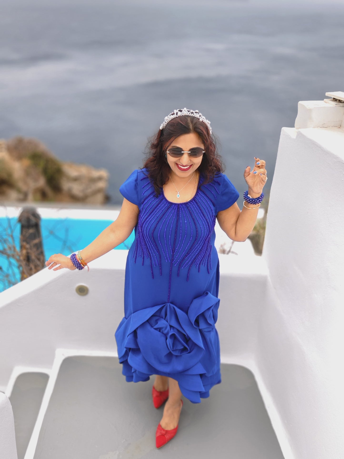 Midnight Cascade Dress | Blue Embellished Ruffle Midi Dress for Women | Statement Party & Vacation Wear
