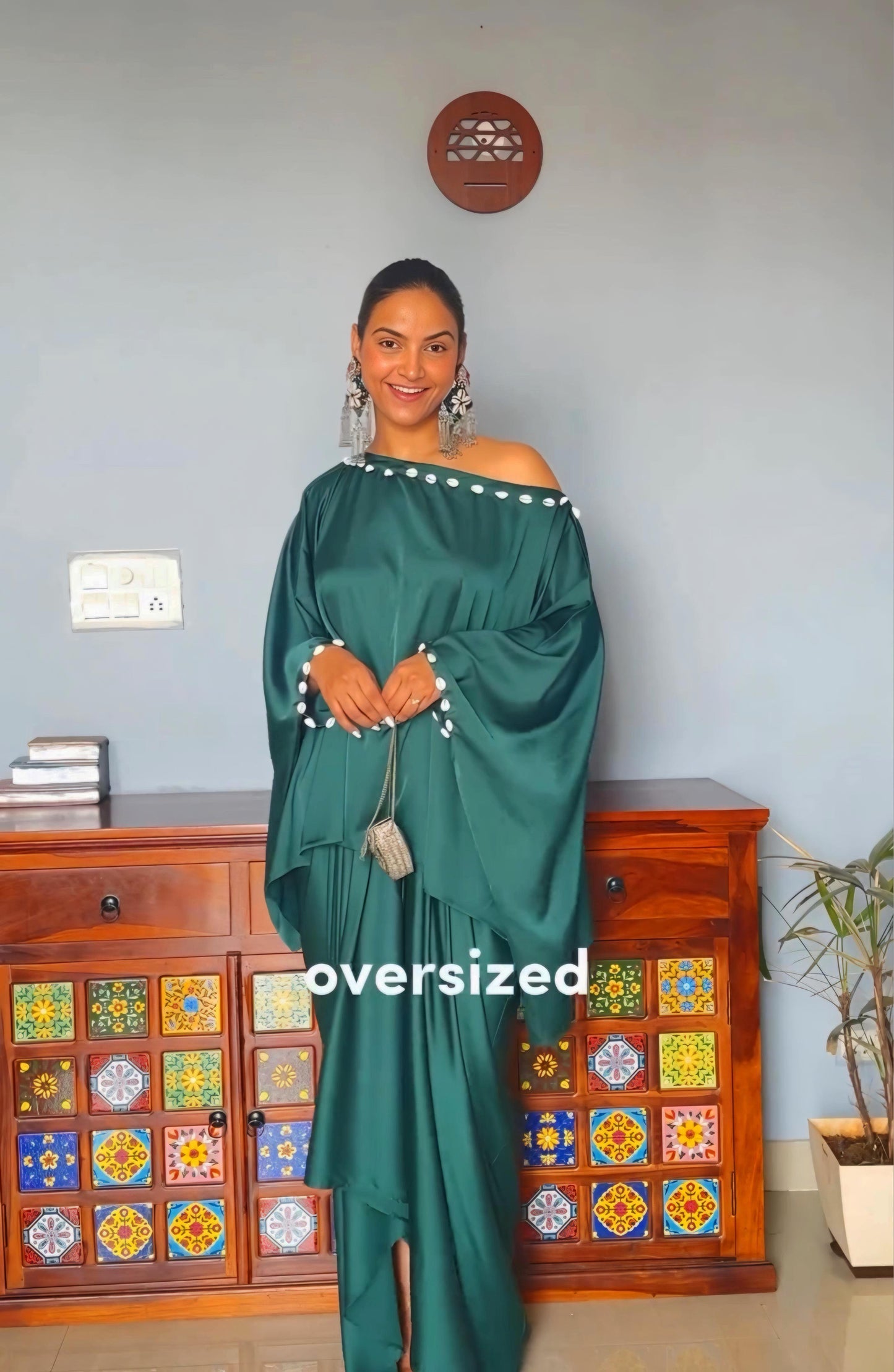 Royal Green Drape Dhoti Skirt With Oversized Shellwork Top