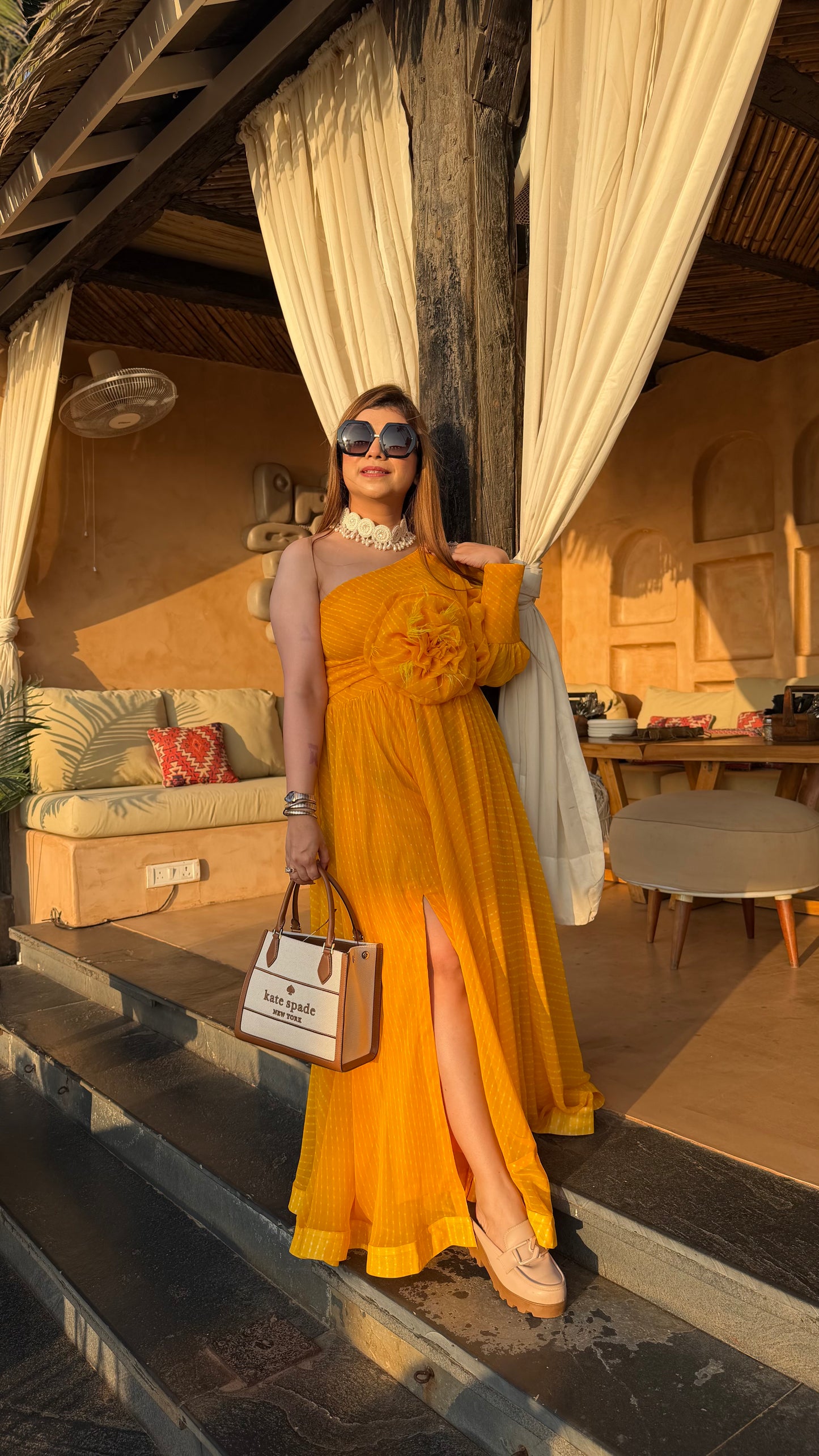 Sun-Kissed Leheriya One-Shoulder Maxi Dress