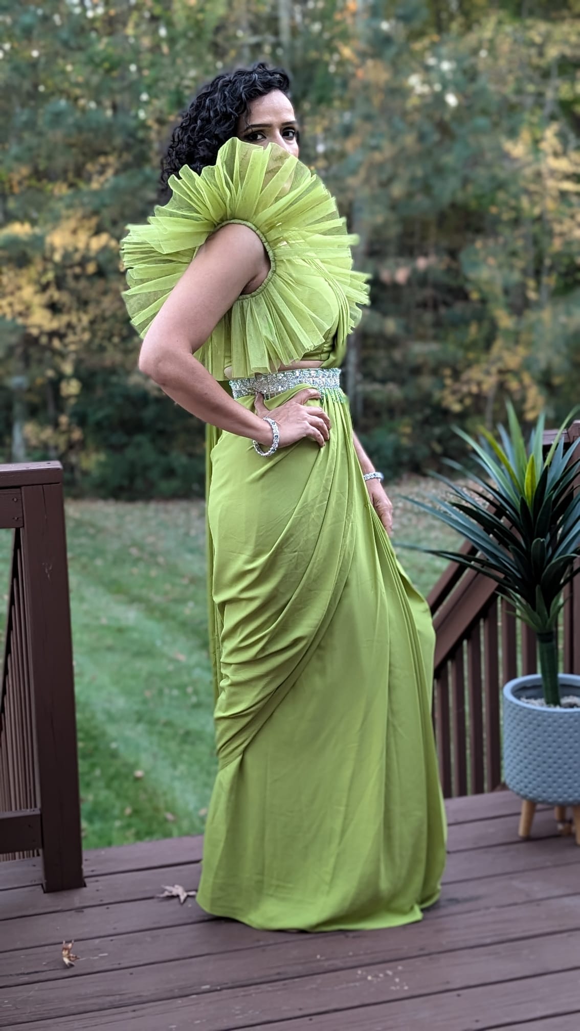 Lime Green Pre-Draped Saree