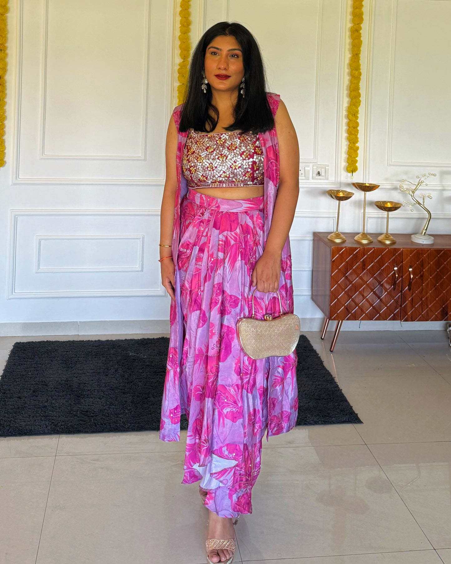 Lilac Luxe – Floral Print Dhoti Skirt & Sequin Blouse Co-ord