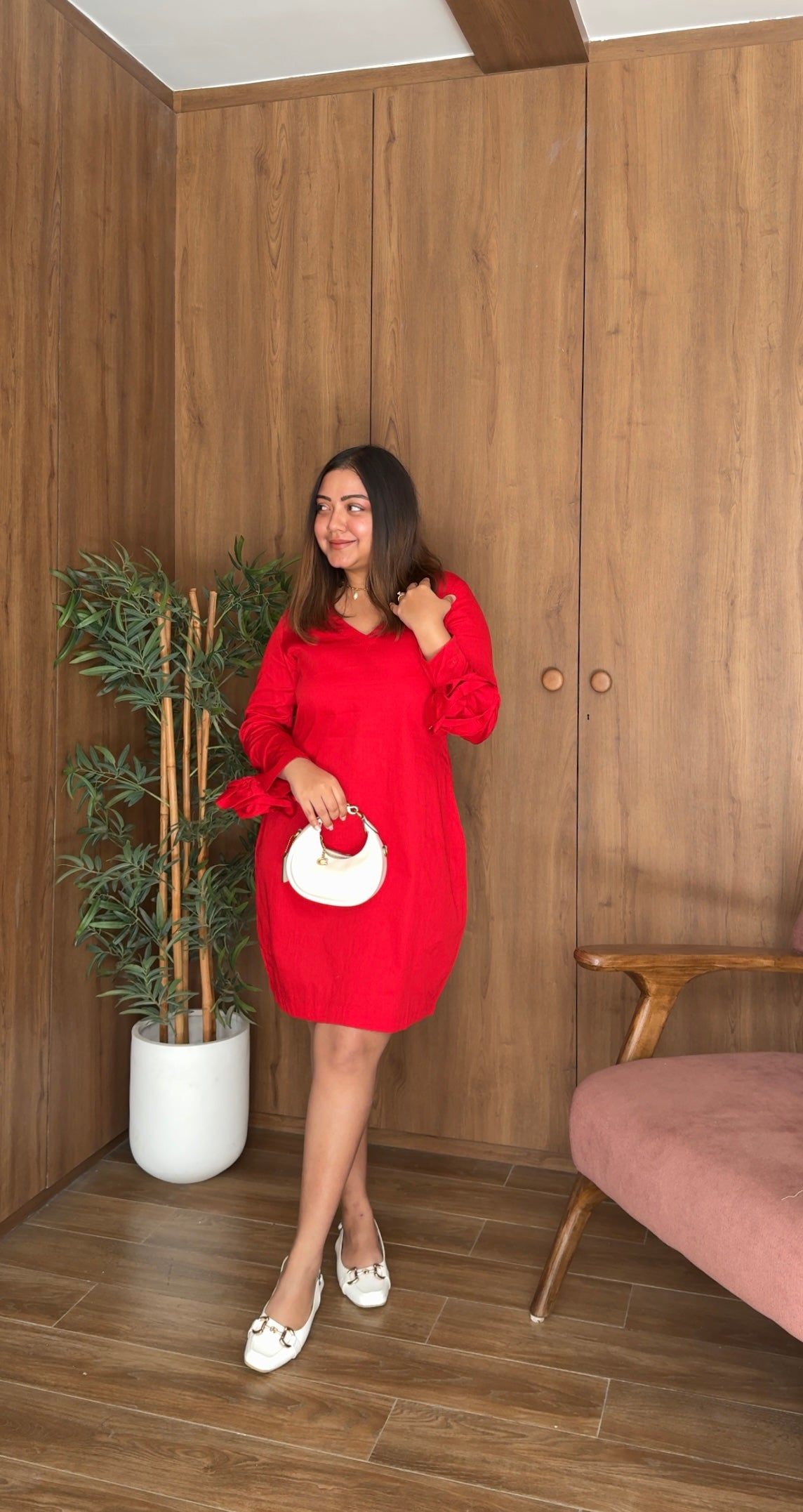 Red V-Neck Floral Sleeve Mini Dress for Women