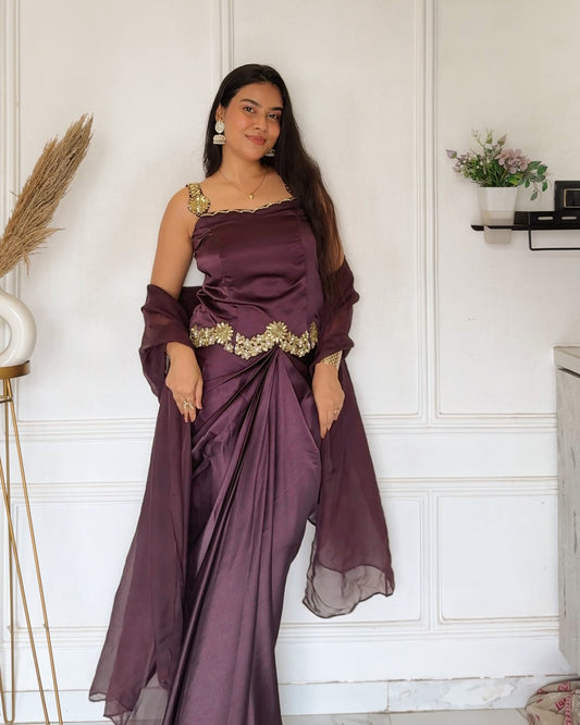 Plum Embroidered Top with Draped Skirt & Organza Dupatta Set