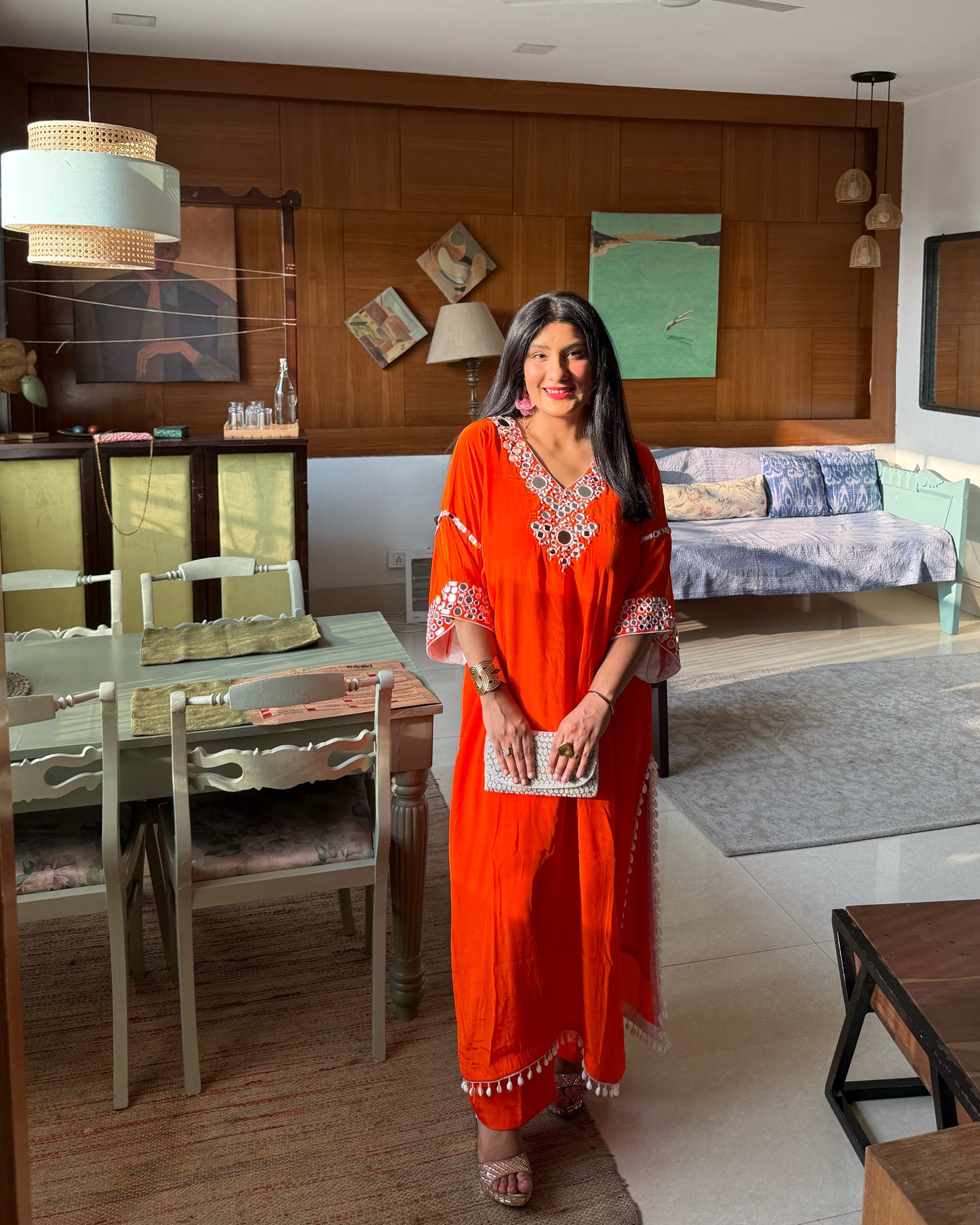 Orange Embroidered Kaftan Kurta Set