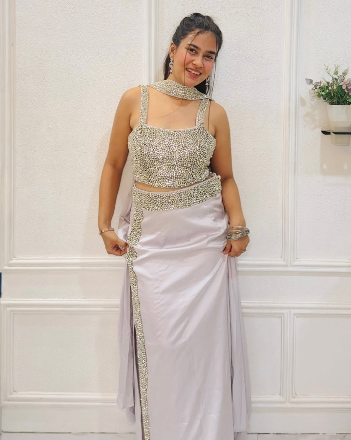 Silver Embellished Draped Skirt Set | Wedding & Party Wear