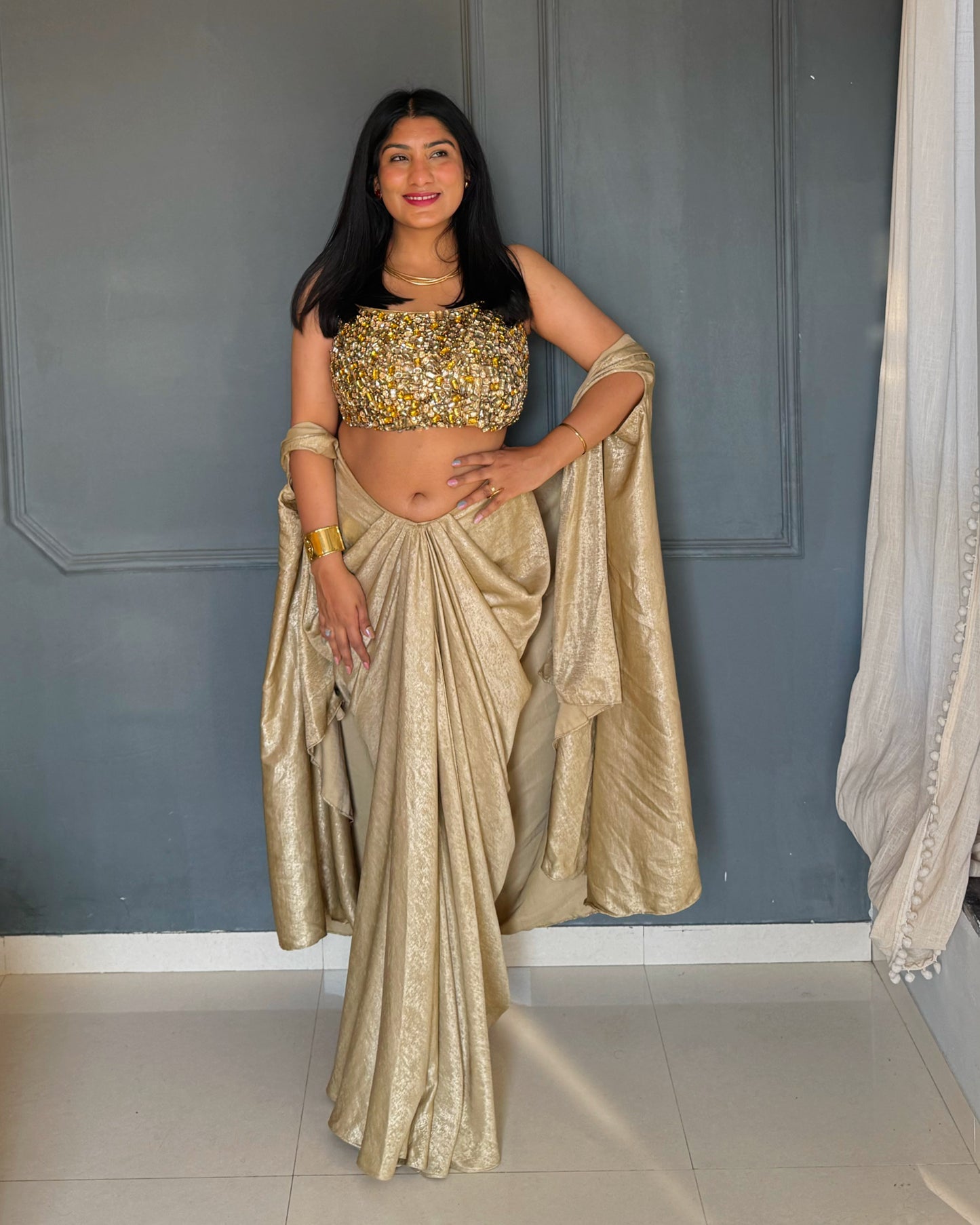 Molten Golden Set – Embellished Blouse, Drape Skirt & Matching Shrug