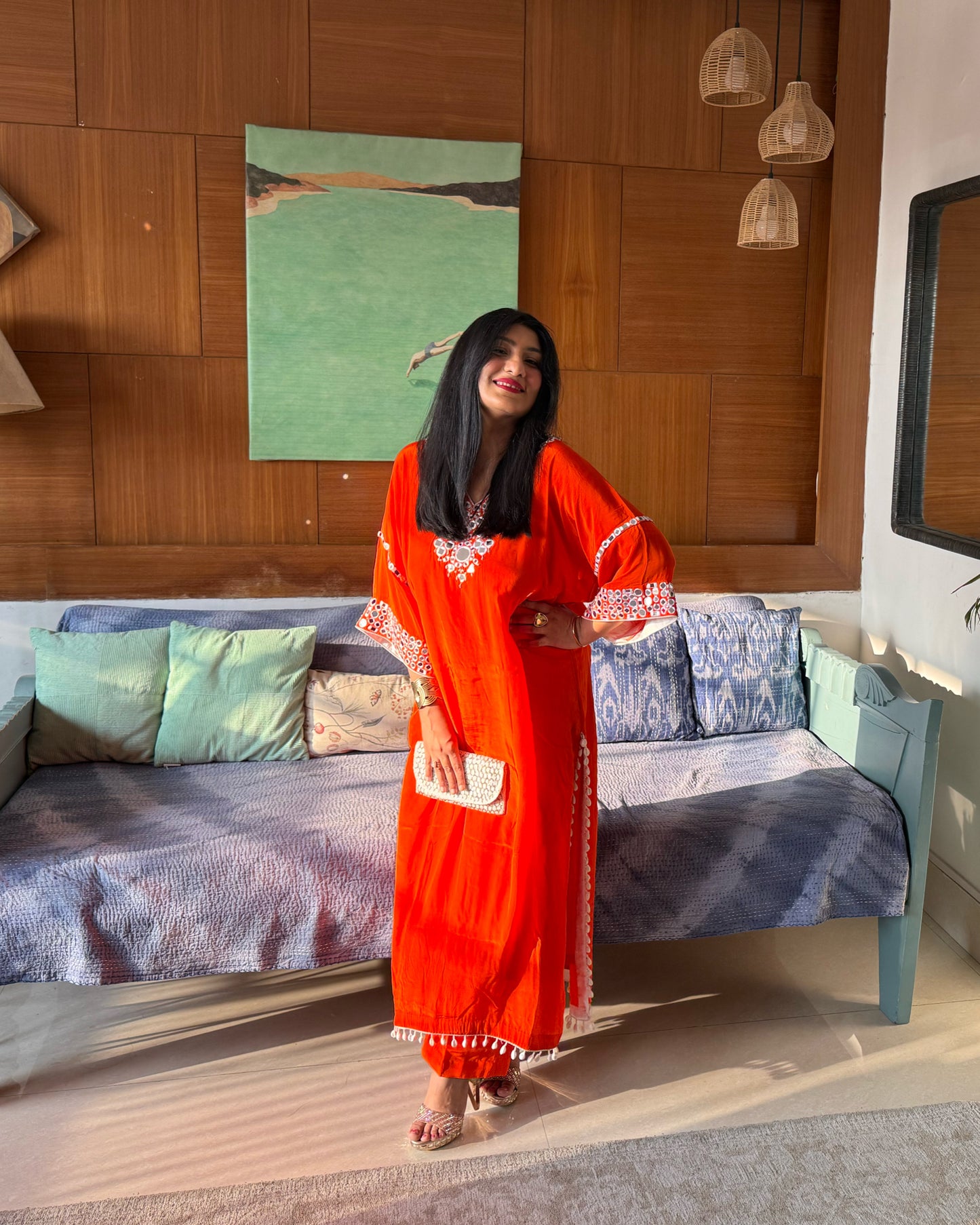 Orange Embroidered Kaftan Kurta Set