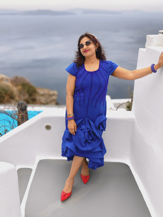 Midnight Cascade Dress | Blue Embellished Ruffle Midi Dress for Women | Statement Party & Vacation Wear