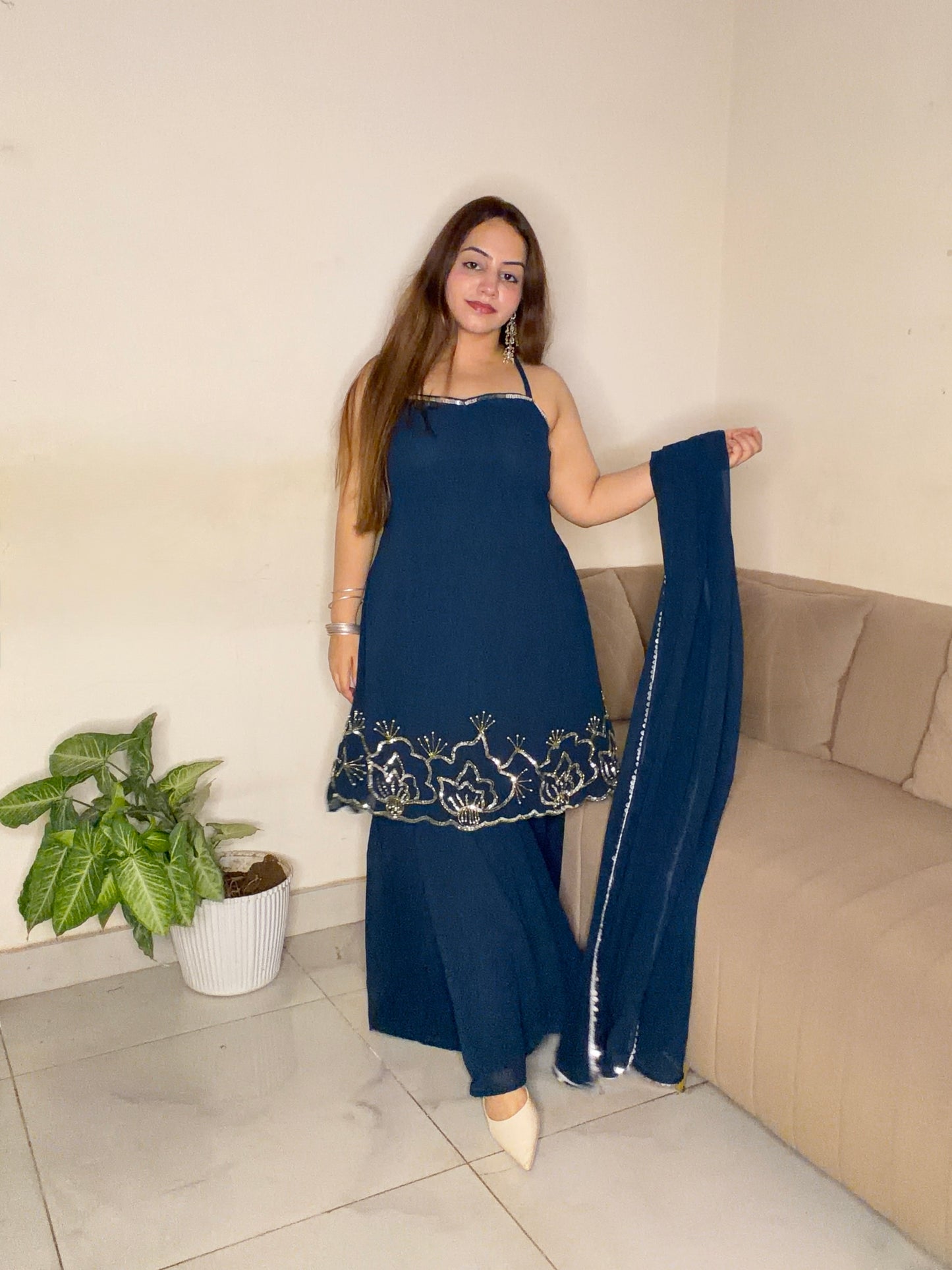 Navy Blue Embroidered Sharara Set