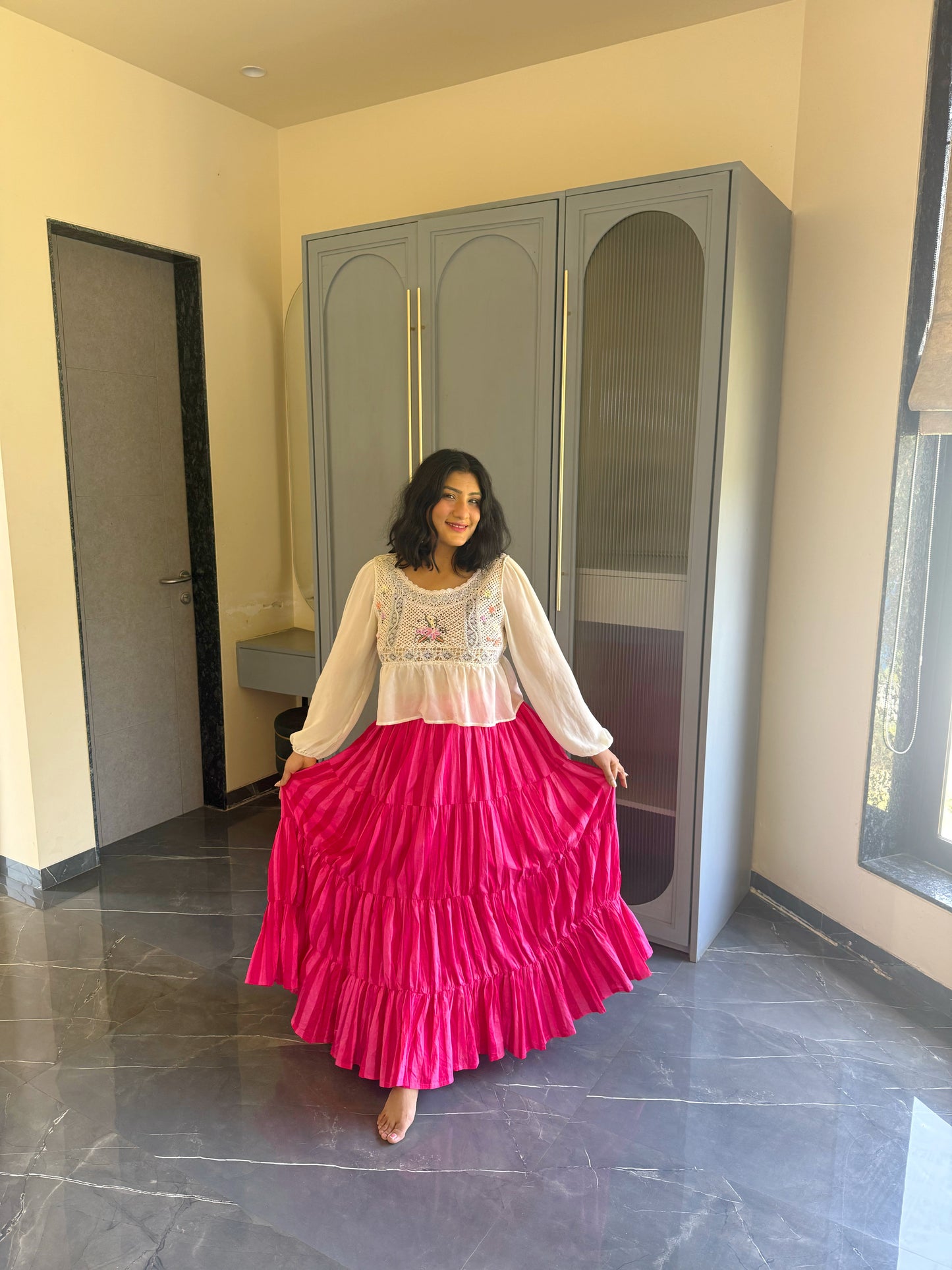 Hot Pink Tiered Flowy Skirt – Statement Cotton Maxi Skirt for Women