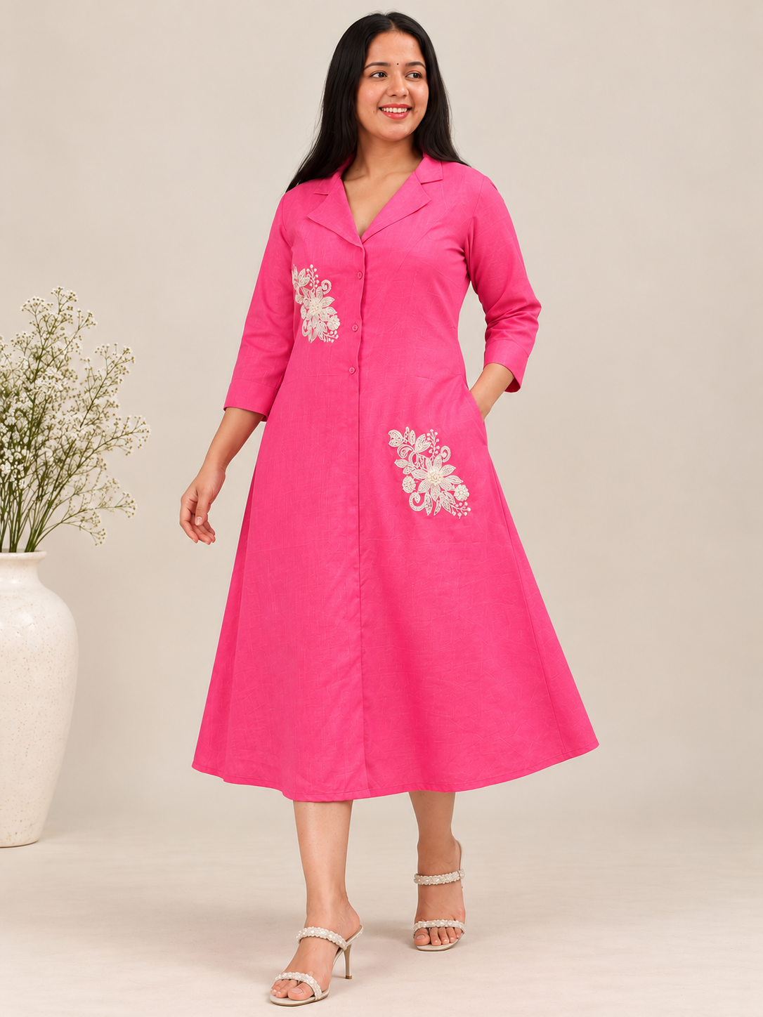 The Pankhuri Dress – Light Pink Embroidered A-Line Dress