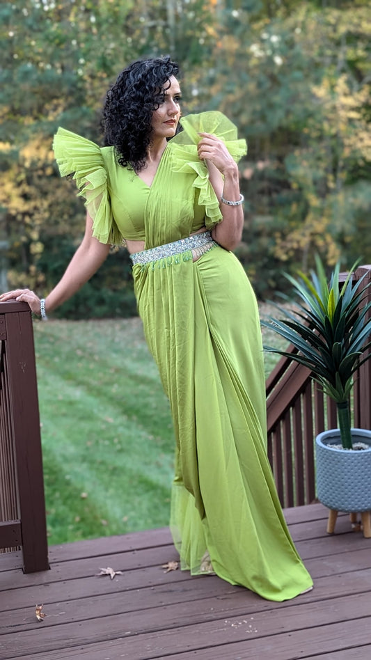 Lime Green Pre-Draped Saree