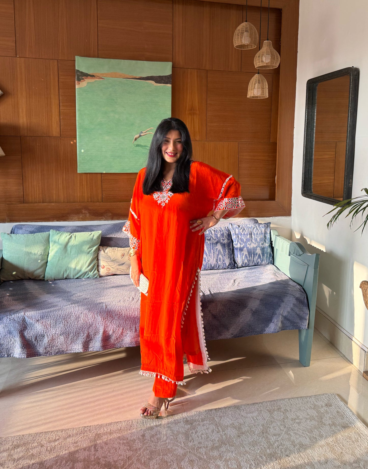 Orange Embroidered Kaftan Kurta Set