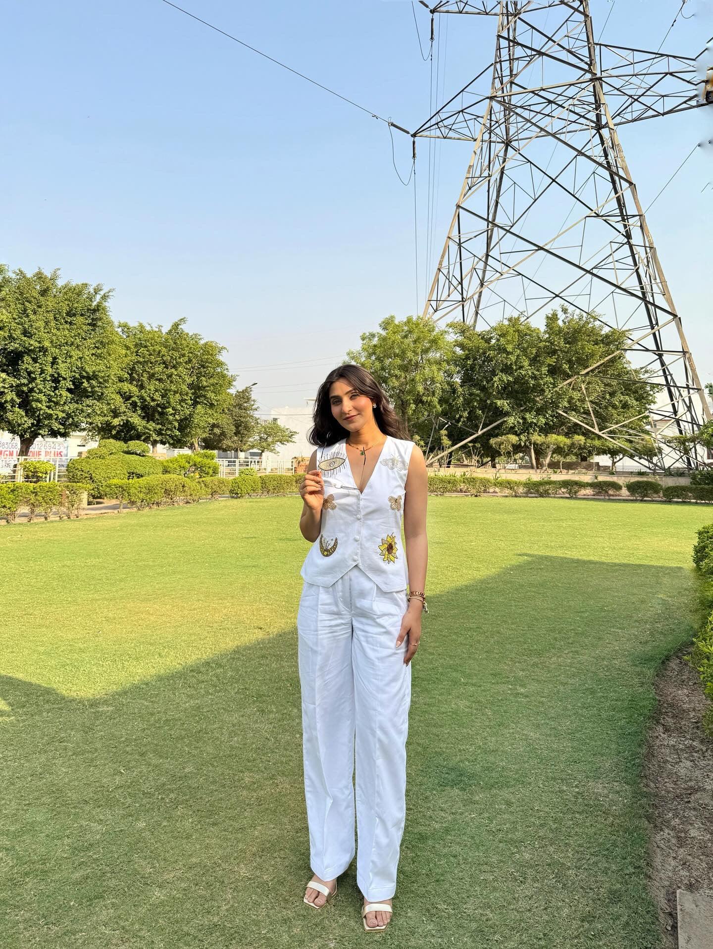 White Vest & Pant with Hand Embroidery Co-ord Set