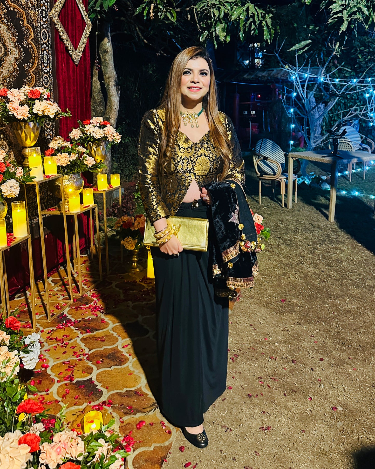 Black & Gold Brocade Co-Ord Set with Drape Skirt