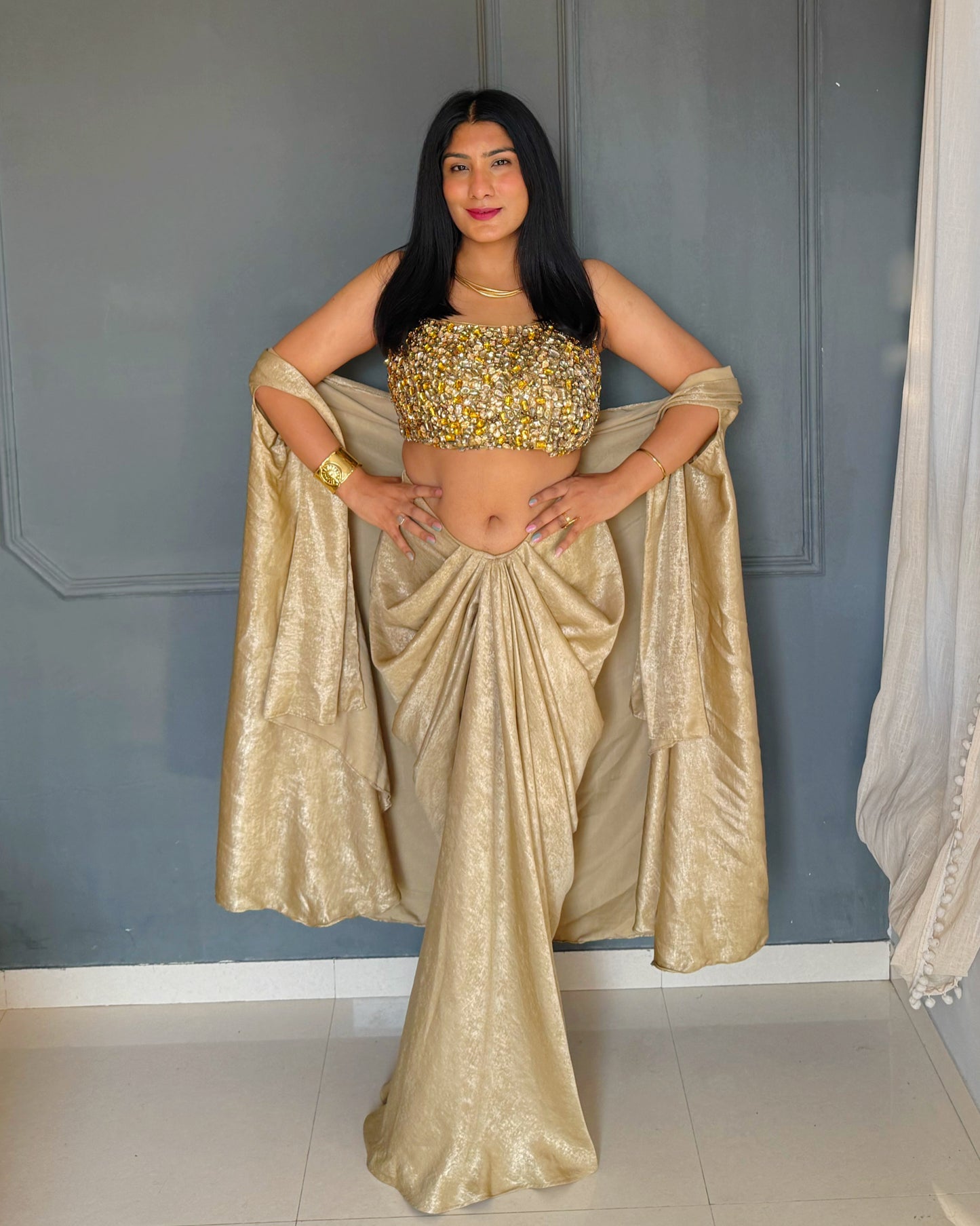 Molten Golden Set – Embellished Blouse, Drape Skirt & Matching Shrug