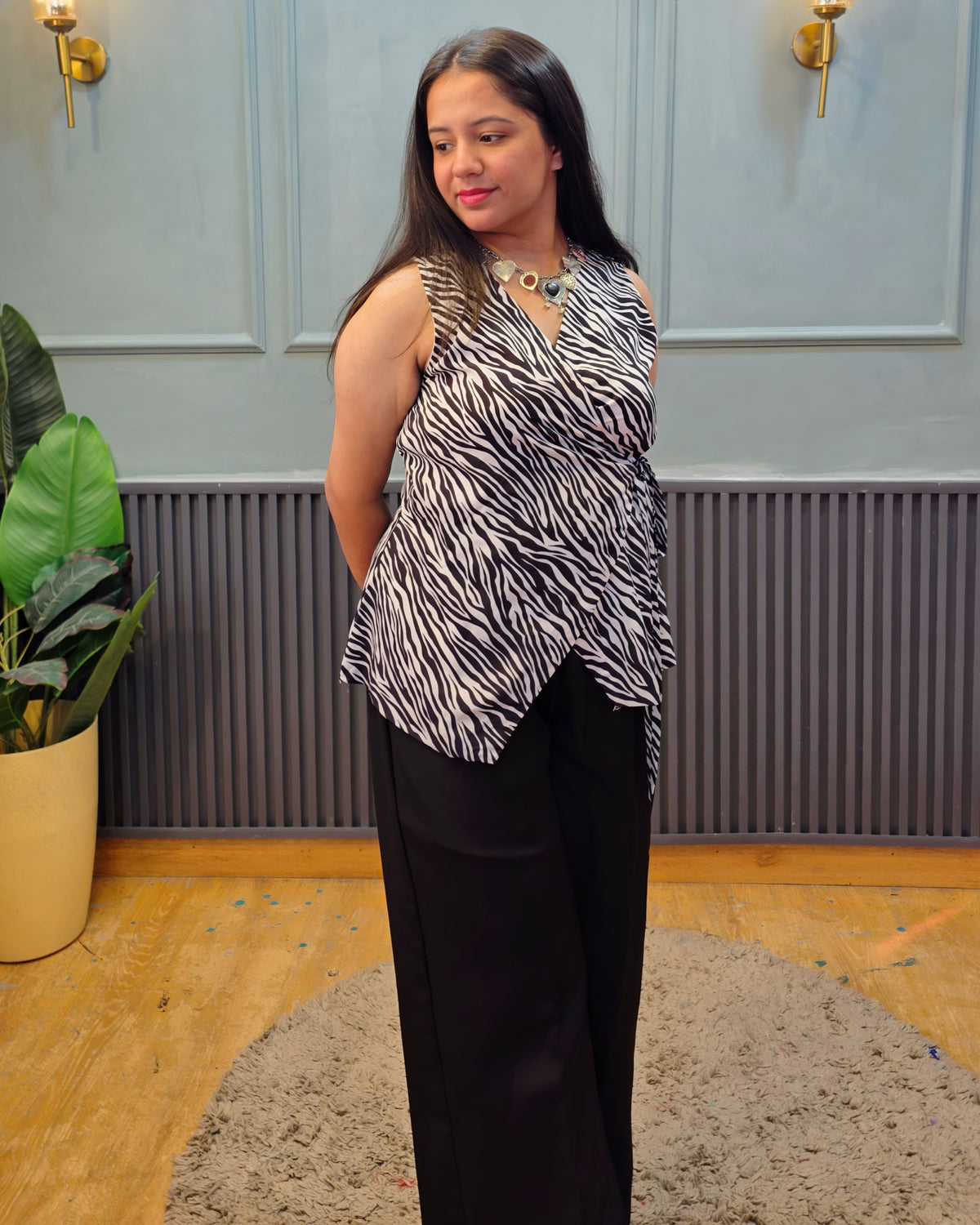 Zebra Print Wrap Top for Women | Sleeveless Asymmetric Black & White Top