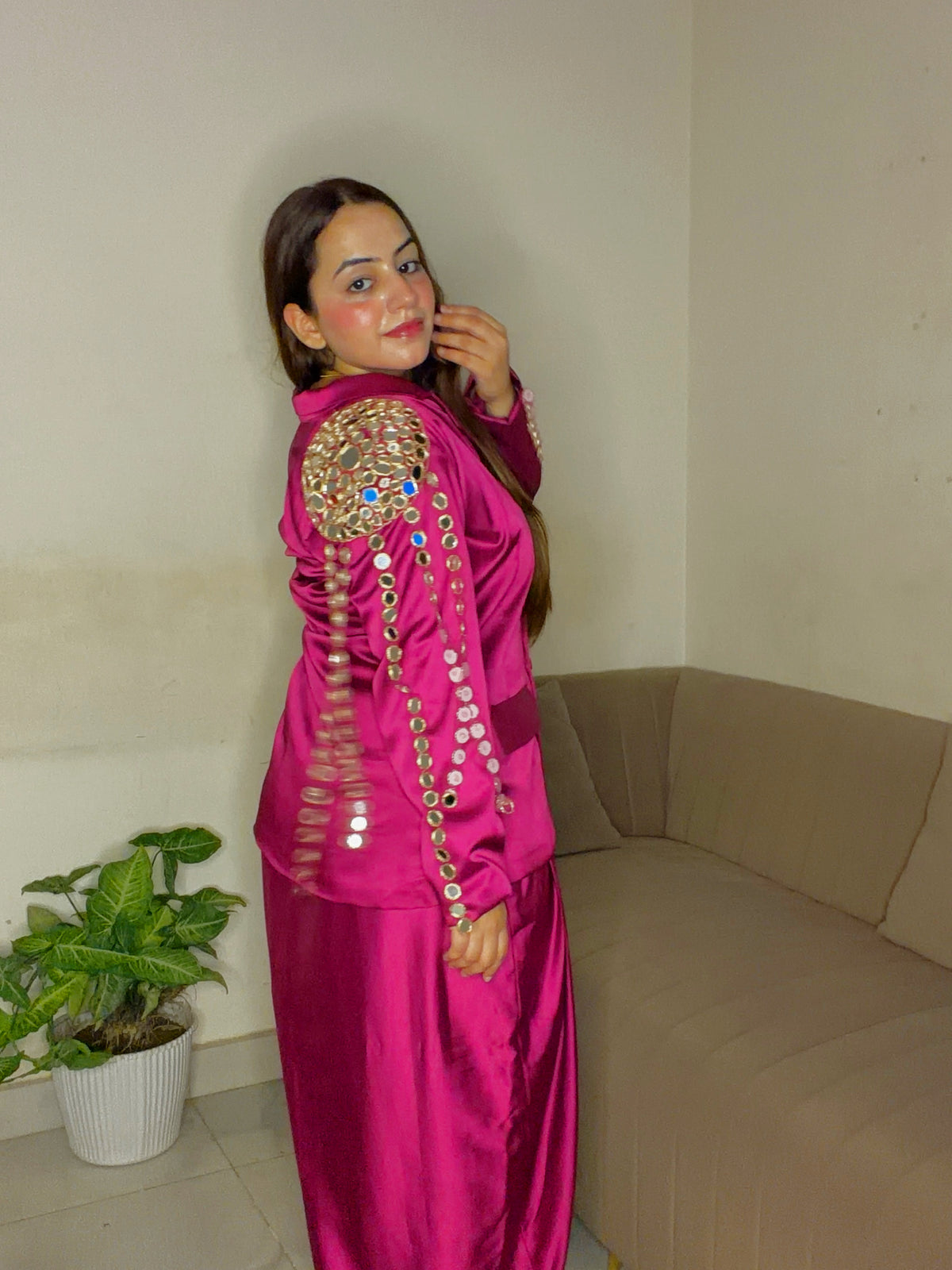 Fuchsia Mirror Work Satin Co-ord Set