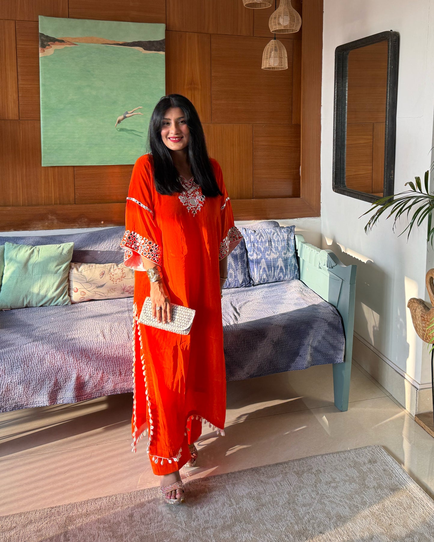 Orange Embroidered Kaftan Kurta Set