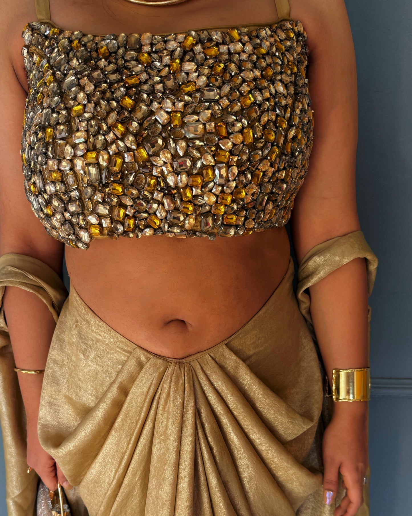Molten Golden Set – Embellished Blouse, Drape Skirt & Matching Shrug