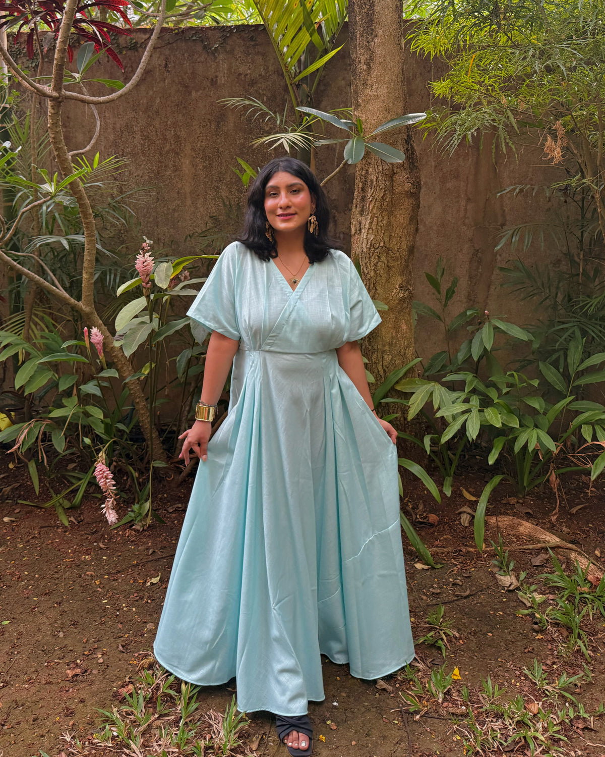 Blue Cotton Maxi Dress for Women | Flowy V-Neck Dress with Short Sleeves