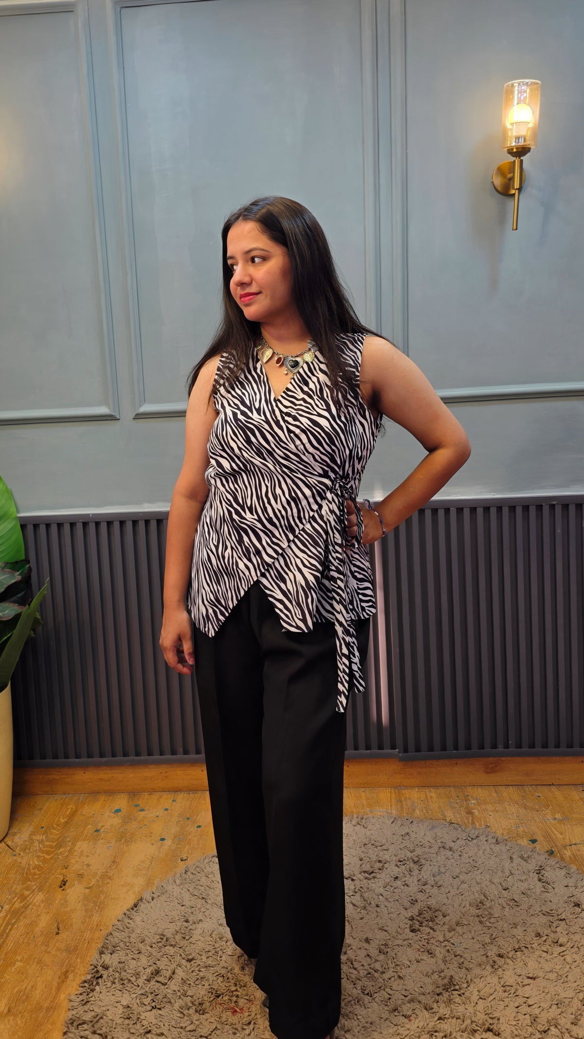 Zebra Print Wrap Top for Women | Sleeveless Asymmetric Black & White Top