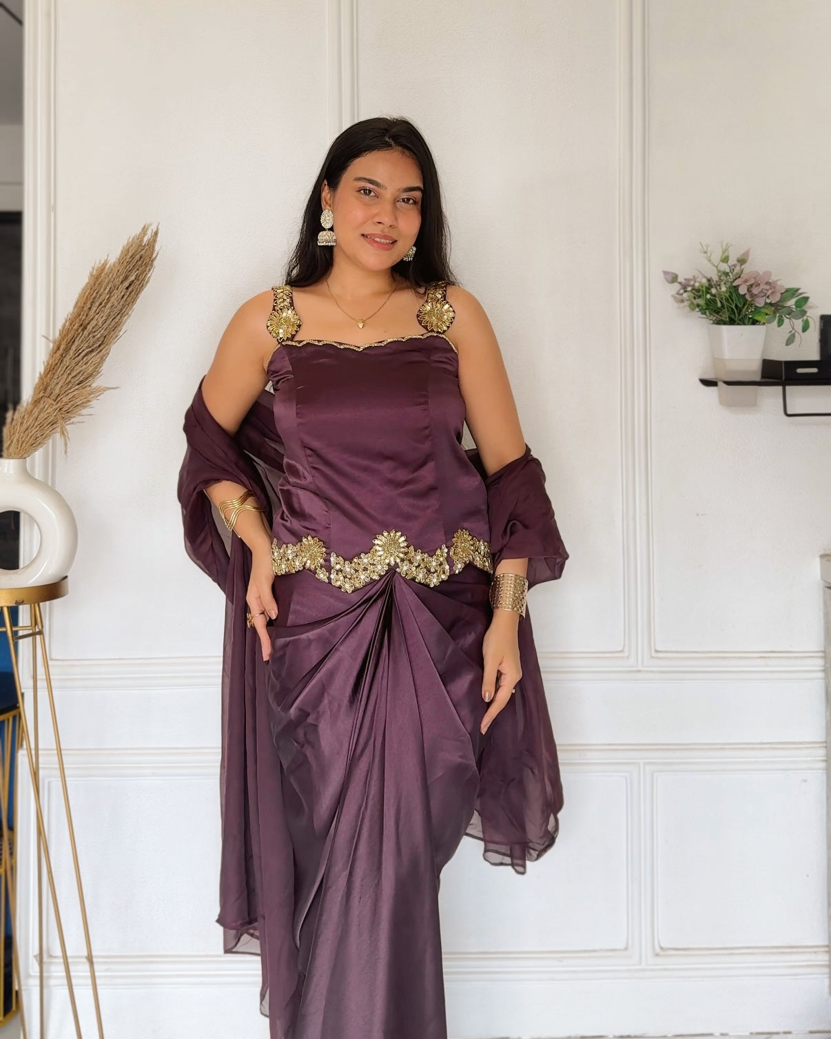 Plum Embroidered Top with Draped Skirt & Organza Dupatta Set