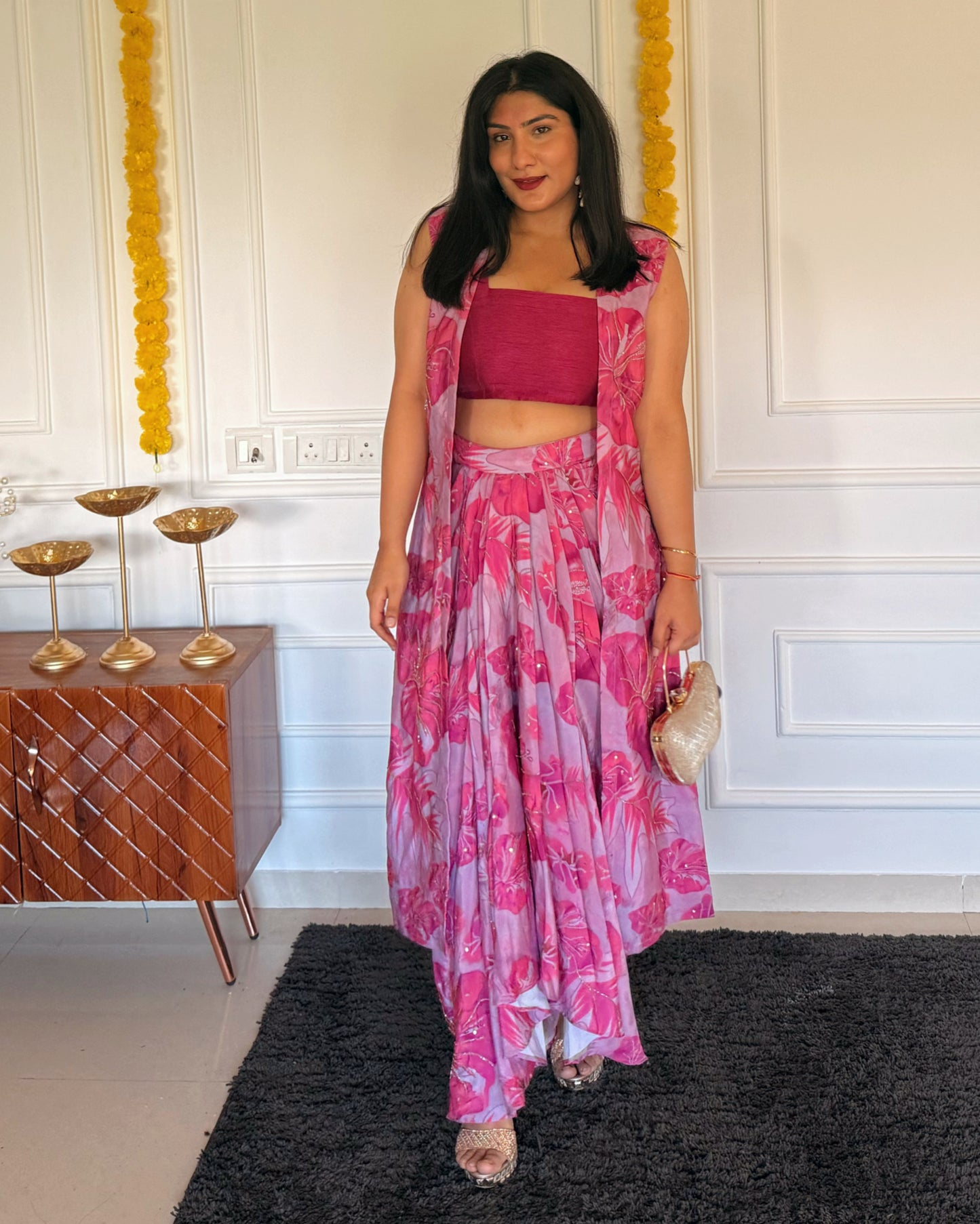 Lilac Luxe – Floral Print Dhoti Skirt & Solid Blouse Co-ord Set