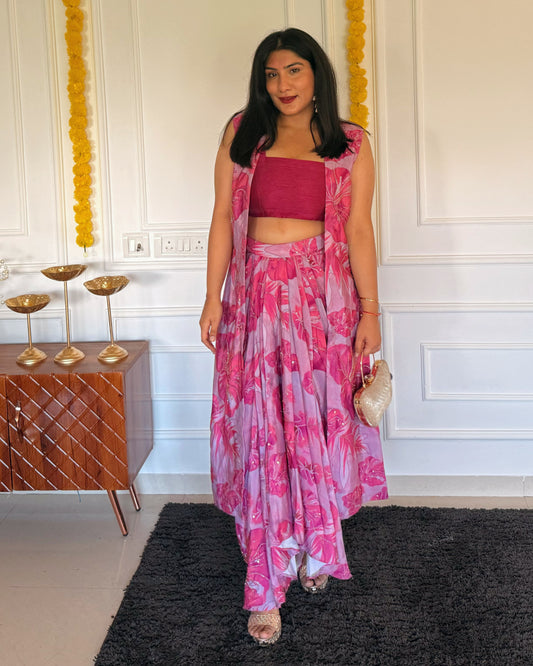 Lilac Luxe – Floral Print Dhoti Skirt & Solid Blouse Co-ord Set