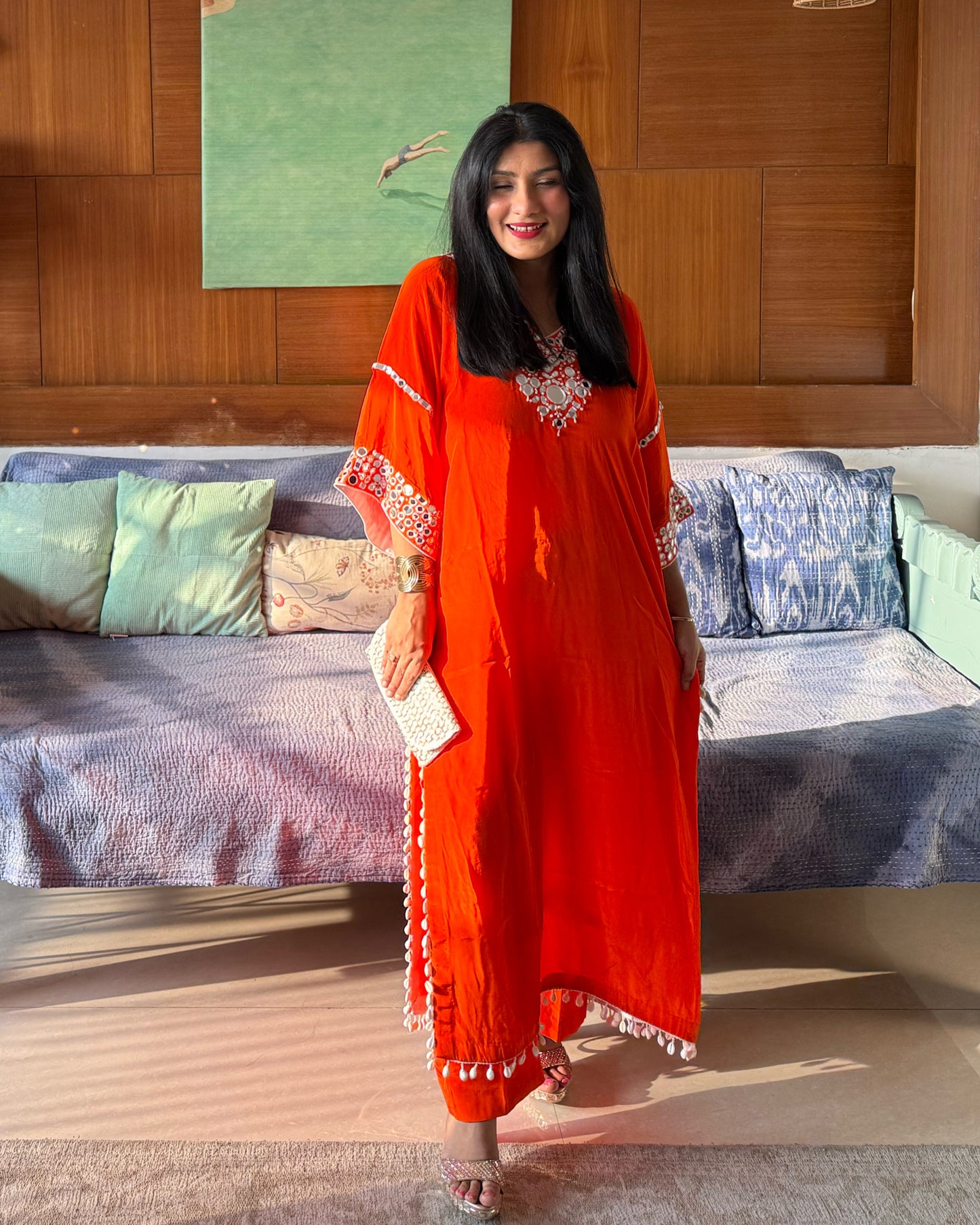 Orange Embroidered Kaftan Kurta Set